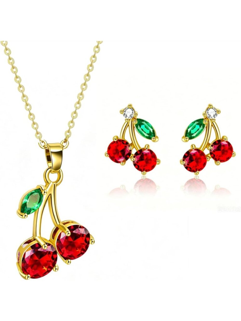 Red Cherry Pendant Necklace & Stud Earrings Set - Ruby Zircon Crystal Jewelry